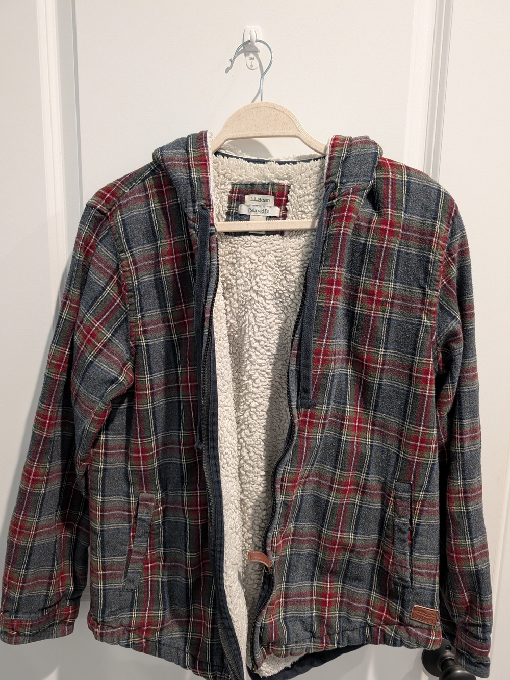 L.L. Bean Red and Gray Plaid Sherpa-Lined Hooded Shirt Jacket